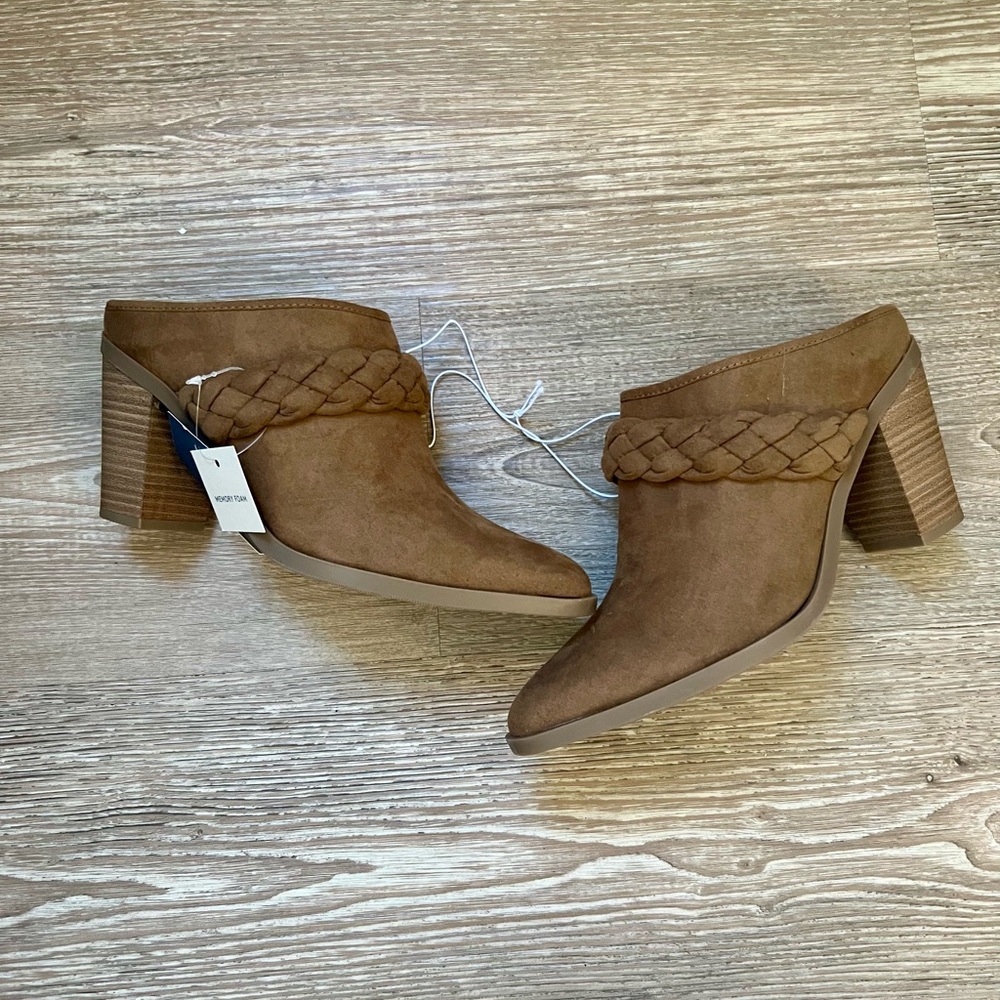 Womens Chunky Block Heel Mules Braided Strap Backless Booties